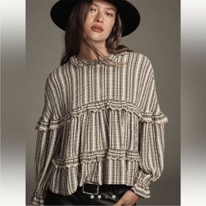 Pilcro Womens Long-Sleeve Tiered Babydoll Blouse Stretch Neutral Pattern XS